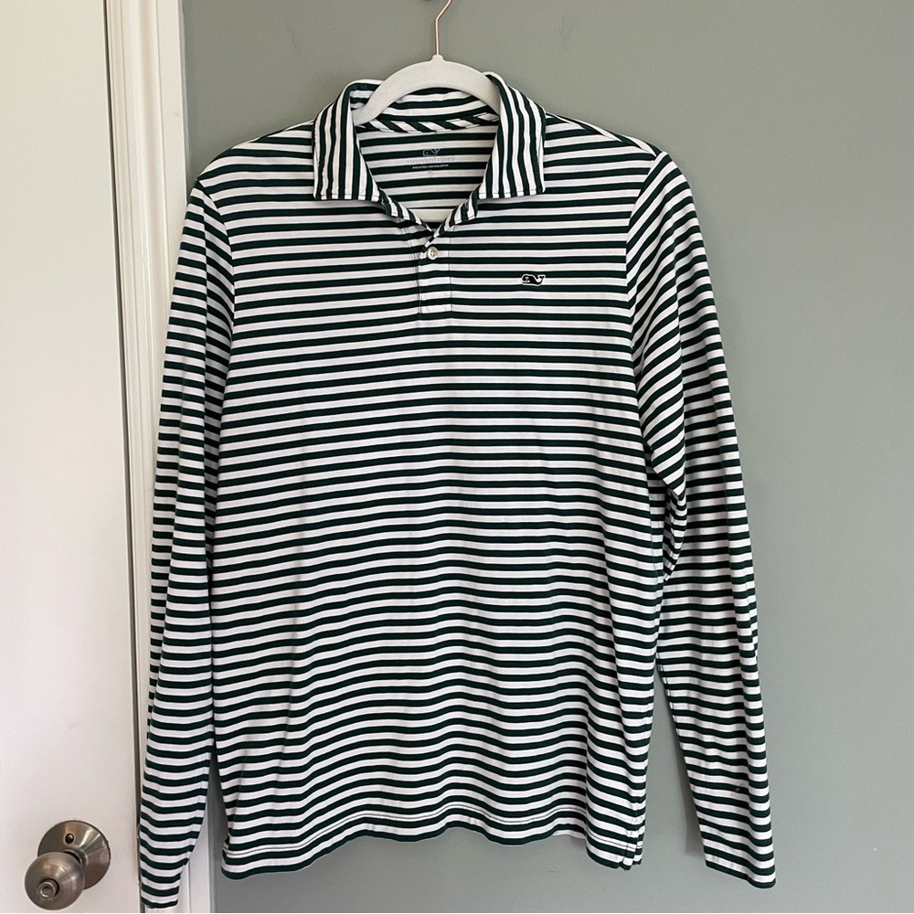 3 for $30 | Vineyard Vines 100% Pima Cotton Green White Stripe Long Sleeve Polo - Picture 2 of 15